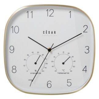 Reloj Pared Aluminio 28cm Marco Dorado C/termómetro E Higróm 28x4x28cm Pila:1xaa No Inclui