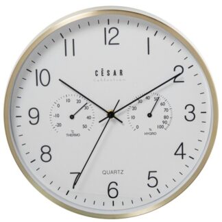 Reloj Pared Aluminio 30cm Marco Dorado C/termómetro E Higrom Ø30x4cm Pila:1xaa No Incluida