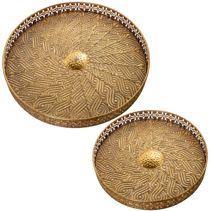Set 2 Bandejas Centro De Mesa Metal Dorado Ø45x5+ø36x5cm