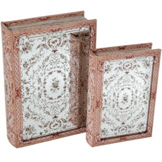 Set 2 Cajas Libro Madera Dm C/espejo, Interior Terciopelo 30x20x7+24x16x5cm