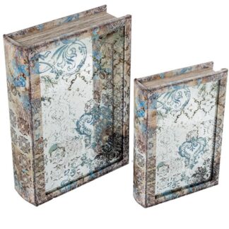 Set 2 Cajas Libro Madera Dm C/espejo, Interior Terciopelo 30x20x7+24x16x5cm