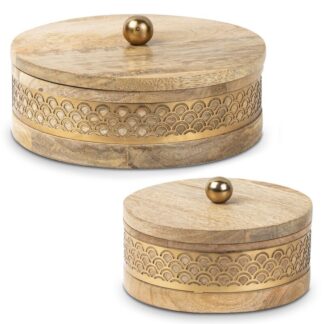 Set 2 Cajas Madera/metal Dorado Ø20x8+ø15x8cm