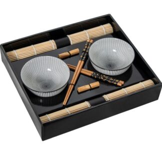 Set 2 Cuencos Porcelana C/palillos Bambú+ Salvamanteles Bamb Cuenco:ø12x6cm Palillos:23cm