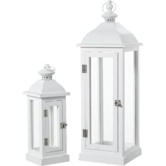 Set 2 Faroles Madera Blanca Parte Superior Metal 22x22x66+15x15x43cm