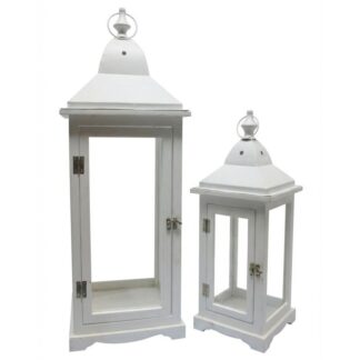 Set 2 Faroles Madera Blanca Partes Superior Metal 27x27x74+19x19x51cm