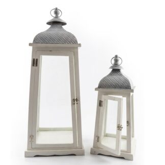 Set 2 Faroles Madera Blanca Perte Superior Metal 24x24x73+18x18x49cm