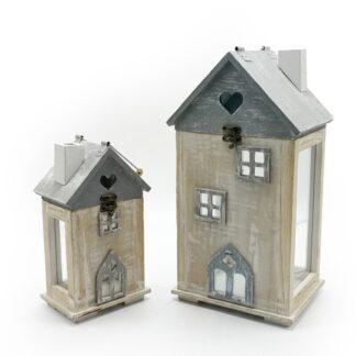 Set 2 Faroles Madera Casas Blancas/gris 20x16x38+14x10x26cm