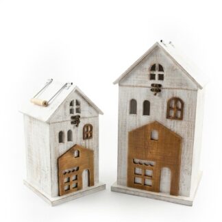 Set 2 Faroles Madera C/luz Casas Blancas, Tira Leds 23x22x44+18x17x32cm, 2xaaa No