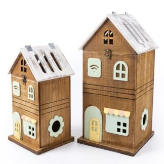 Set 2 Faroles Madera C/luz Cassa Marrón Claro, Tira Leds 23x22x44+18x17x32cm, 2xaaa No