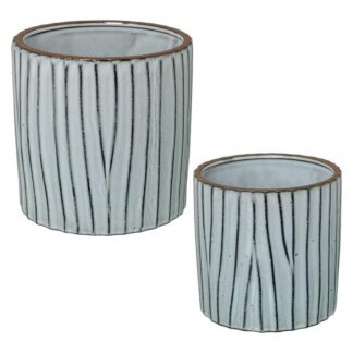 Set 2 Maceteros Ceramica Blanco Lacado C/rayas Ø18x18+ø15x15cm