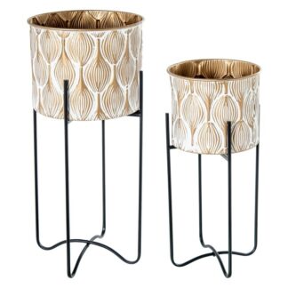Set 2 Maceteros C/pie Metal Blanco/oro, Pie Negro Ø34x76+ø28x62cm