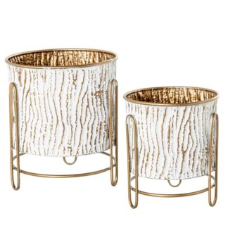 Set 2 Maceteros C/pie Metal Blanco/oro, Pie Oro Ø34,5x42,5+ø28x34cm