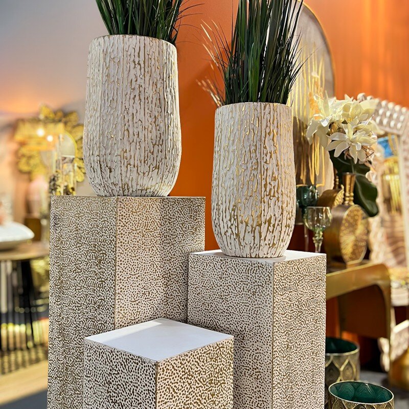 Set 2 Maceteros Metal Blanco/oro Ø37x57+ø30x51cm - Image 2