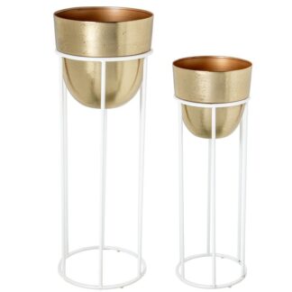 Set 2 Maceteros Metal Dorado Patas Blancas Ø30x86cm / Ø25.5x73cm