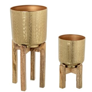 Set 2 Maceteros Metal Dorado Patas Madera Ø23x44cm / Ø18x28cm