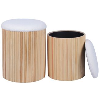 Set 2 Pufs Madera Natural C/tapa Blanca Acolchada Ø36x44cm+ø32x38cm