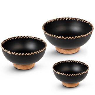 Set 3 Centros Hierro Negro C/base Madera Decorativos Ø20x9+ø18x9+ø15x9cm
