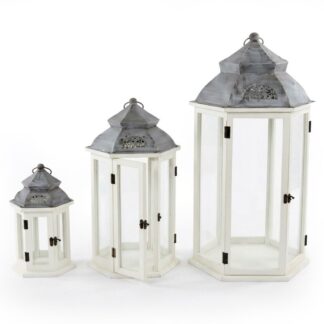 Set 3 Faroles Madera Blanca Parte Superior Metal 36x32x72+27x24x53+18x16x33cm