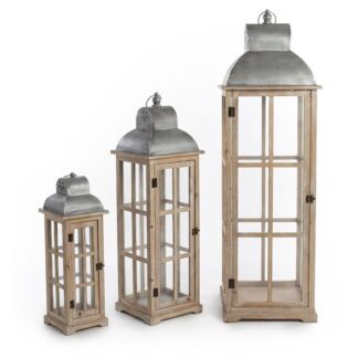Set 3 Faroles Madera Natural Parte Superior Metal 33x33x110+26x26x84+18x18x58cm