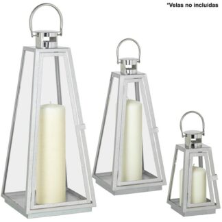 Set 3 Faroles Portavelas Metal Cromado 12x12x25+17x17x39+18x18x53cm