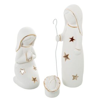 Set 3 Figuras Portavelas Ceramica Natividad Blanca/oro Ø18x9+9x10x22+8x6x6cm