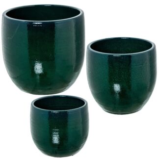 Set 3 Maceteros Cerámica Azul Verdoso Ø28x30cm+ø24x25cm+ø19x20cm