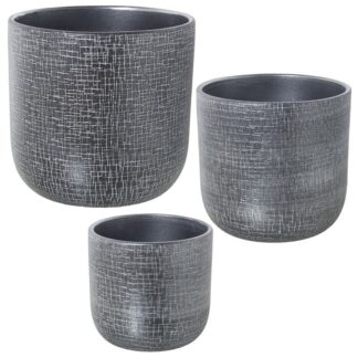 Set 3 Maceteros Cerámica Plateada Ø30x28cm+ø25x24cm+ø20x19cm