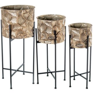 Set 3 Maceteros C/pie Metal Dorado Viejo / Negro Ø35x80+ø29x71+ø24x64cm