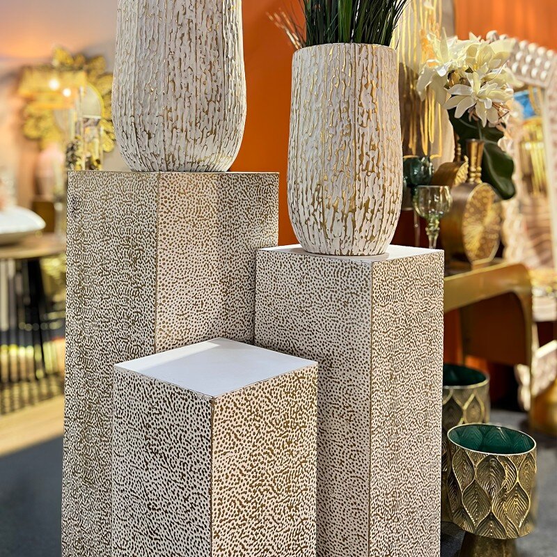 Set 3 Pedestales Metal Blanco/oro 41x41x110+36x36x90+30x30x70cm - Image 2