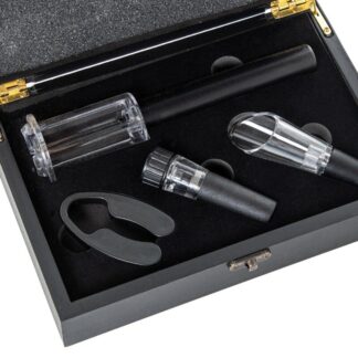 Set 4 Utensilios Vino C/caja Madera Negra, Sacacorchos Aire 23,5x15,5x7cm