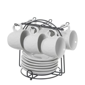 Set 6 Tazas Café C/plato Cerámica Blanca C/soporte Metal Neg Taza:89ml Ø6,5x5,5cm Plato:12