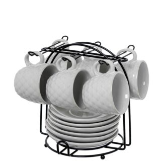 Set 6 Tazas Café C/plato Cerámica Blanca C/soporte Metal Neg Taza:89ml Ø6,5x5,5cm Plato:12