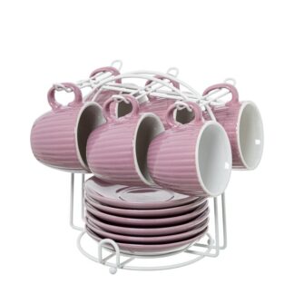 Set 6 Tazas Café C/plato Cerámica Rosa Palo C/soporte Metal Taza:89ml Ø6,5x5,5cm Plato:12
