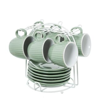 Set 6 Tazas Café C/plato Cerámica Verde Menta C/soporte Meta Taza:89ml Ø6,5x5,5cm Plato:12