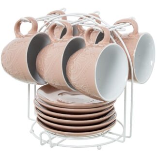 Set 6 Tazas Té C/plato Cerámica Color Rosa C/soporte Metal Taza:207ml Ø9x8cm Plato:ø14cm