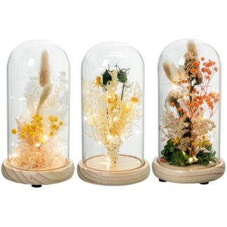 Urna Cristal C/base Madera Y Flores Artificiales C/luz Surt. Ø12x22cm Pilas:3xaaa No Inclu