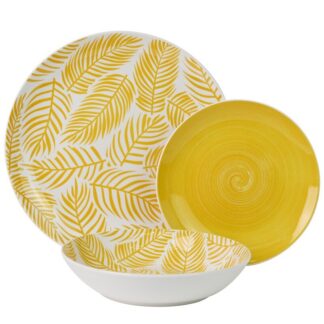 Vajilla 18 Pzs Porcelana Amarillo Hojas, Plato Llano:ø27cm Postre:ø19cm,hondo:ø20x4cm
