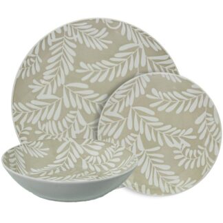Vajilla 18 Pzs Porcelana Beige Hojas Blancas 6xø26cm + 6xø20cm + 6xø19cm