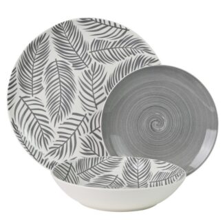 Vajilla 18 Pzs Porcelana Gris Hojas, Plato Llano:ø27cm Postre:ø19cm,hondo:ø20x4cm
