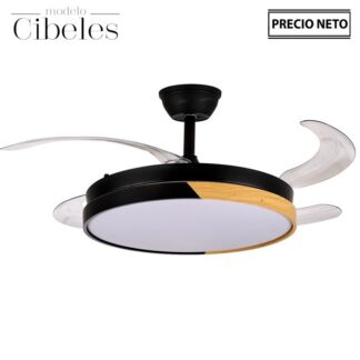 Ventilador Techo C/luz Cibeles Negro/madera 4 Aspas Retrácti Ø106x36-53cm Lámpara:ø45cm