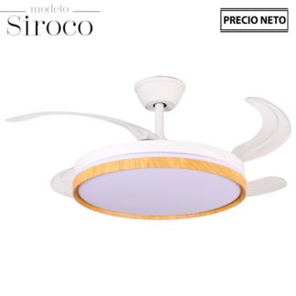 Ventilador Techo C/luz Siroco Blanco/madera 4 Aspas Retrácti Ø106x36-53cm Lámpara:ø45cm