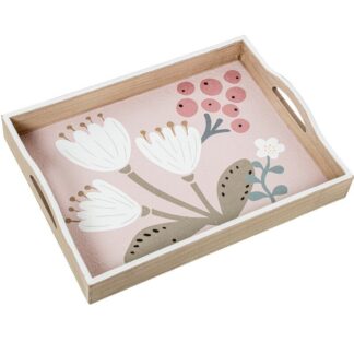 Bandeja Madera Decorada Rosa Flores Blancas 40x30x7cm
