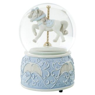 Bola De Nieve C/figura Caballo Tiovivo Resina Azul Musical Ø10x15,5cm Funciona A Cuerda