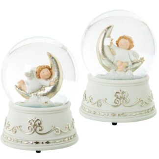 Bola De Nieve C/figura Resina Ángel En Luna Musical Ø10x15cm Funciona A Cuerda