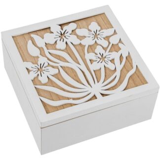 Caja Joyero Madera Blanco/natural Flores 20x20x9cm