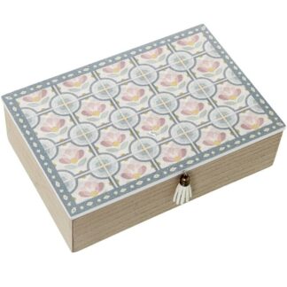 Caja Madera Decorada Azulejos Flores 24x16x7cm