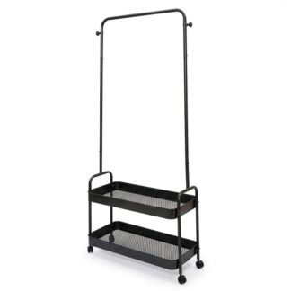 Carrito Almacenamiento Metal Negro Perchero+2baldas 6,5x29,5x160cm