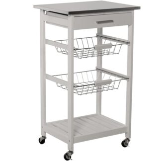 Carro Cocina C/2 Cestas,balday Cajón Madera Blanco-tapa Ace 47x37x81,5cm-madera:pino Y Dm