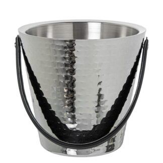 Cubo Champanera Acero Inox. C/asa Cuero, Martillado Brillo Ø23x22cm Base:ø16cm