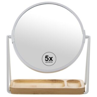Espejo Aumento 2 Caras X1/x5 Metal Blanco C/base Bambú 19x8x22cm, Espejo:ø18cm